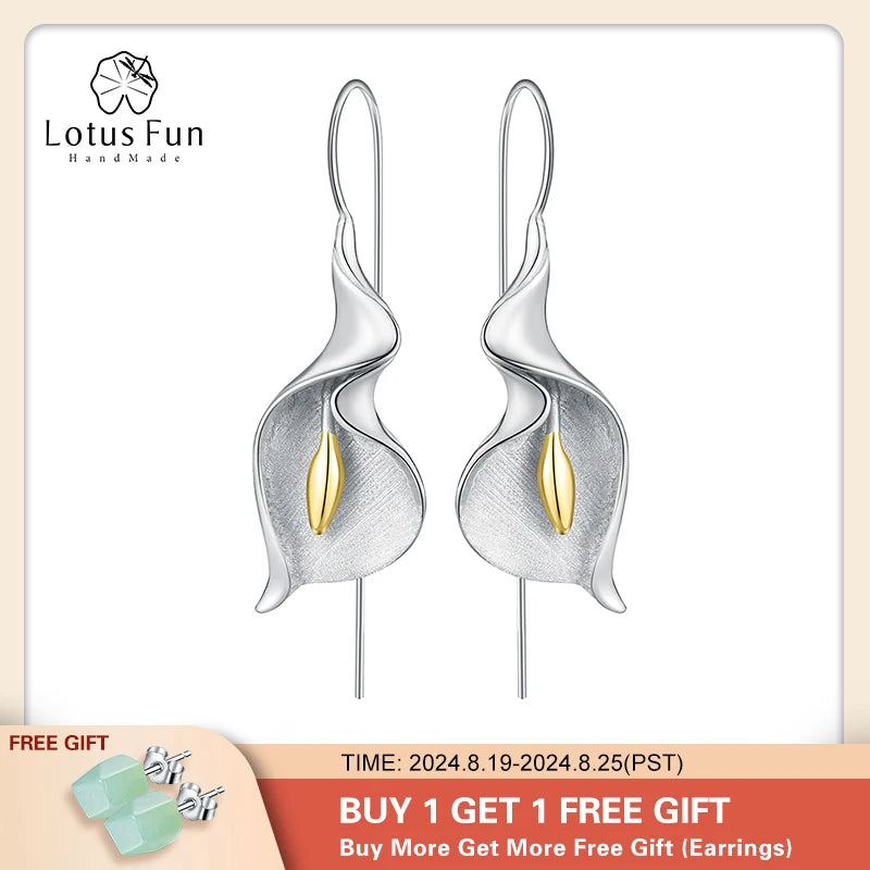 Lotus Fun 18K Gold Long Hanging New Calla Lily Flower Dangle Earrings for Women Real 925 Sterling Silver Luxury Fine Jewelry