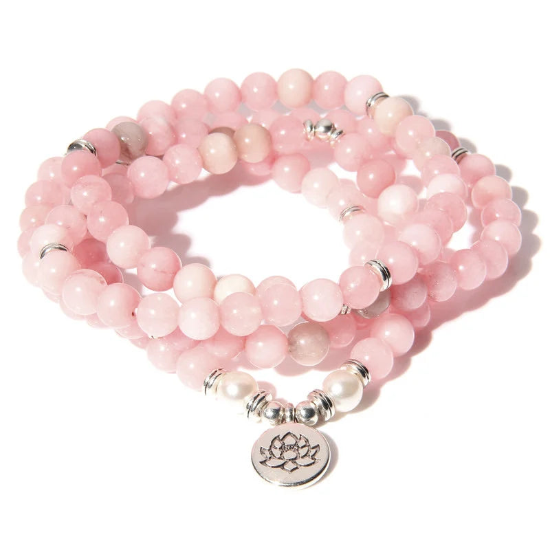 Buddhism 108 Beads Mala Bracelets Women Yoga Prayer Lotus Charm Pulsera 8 mm Natural Kunsite Chalcedony Stone Beads Bracelet