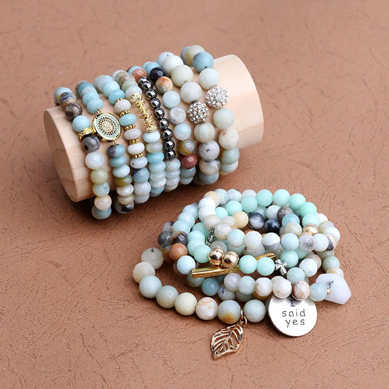 Women's Bracelet Amazonite Prayer Beads Energy with Lotus OM Buddha Yoga Bracelet 108 Mala Meditation Necklace Jewelry Bijoux