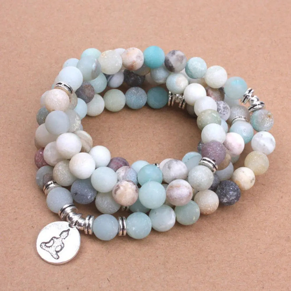Women's Bracelet Amazonite Prayer Beads Energy with Lotus OM Buddha Yoga Bracelet 108 Mala Meditation Necklace Jewelry Bijoux