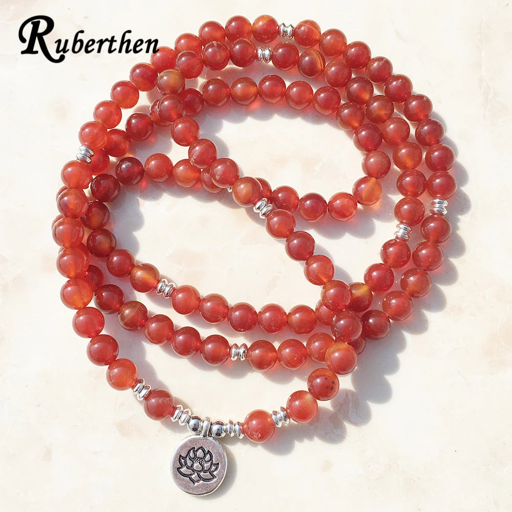 Ruberthen High Quality Womens Carnelian Bracelet Vintage 108 Mala Beads Bracelet or Necklace Hot Sale Lotus Charm Bracelet