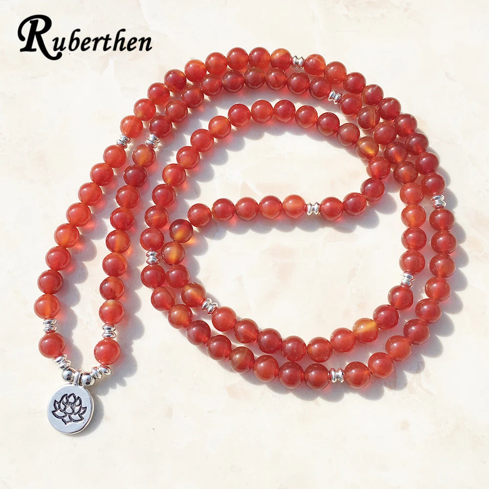 Ruberthen High Quality Womens Carnelian Bracelet Vintage 108 Mala Beads Bracelet or Necklace Hot Sale Lotus Charm Bracelet