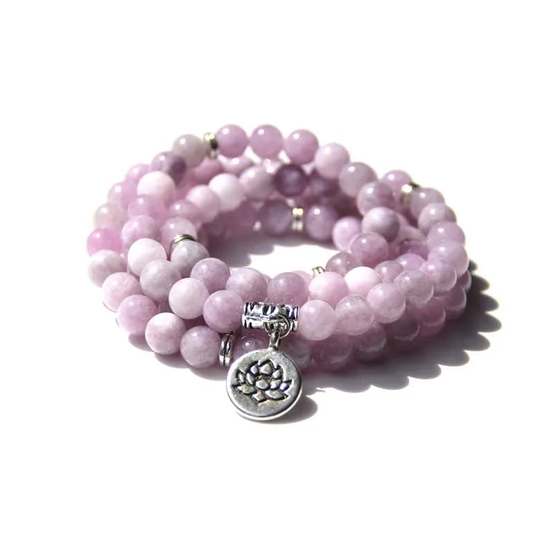 Buddhism 108 Beads Mala Bracelets Women Yoga Prayer Lotus Charm Pulsera 8 mm Natural Kunsite Chalcedony Stone Beads Bracelet