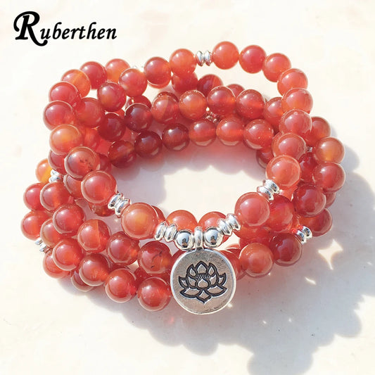 Ruberthen High Quality Womens Carnelian Bracelet Vintage 108 Mala Beads Bracelet or Necklace Hot Sale Lotus Charm Bracelet