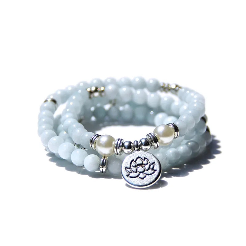 Buddhism 108 Beads Mala Bracelets Women Yoga Prayer Lotus Charm Pulsera 8 mm Natural Kunsite Chalcedony Stone Beads Bracelet