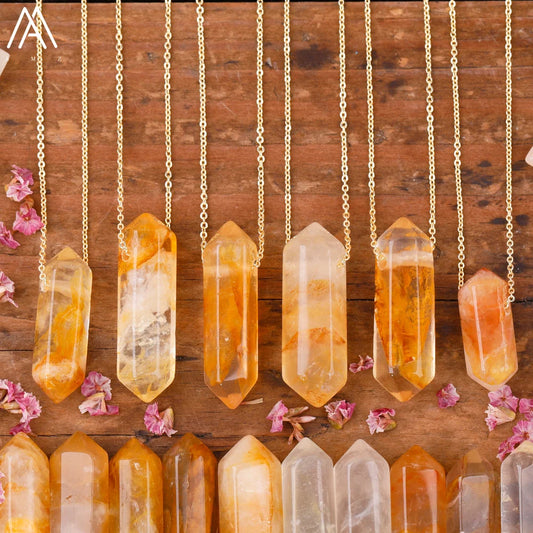 Healing Crystal Quartz Double Point Terminated Pendant Necklace For Women Citrines Amethysts Quartz Boho Necklace Gift For Her