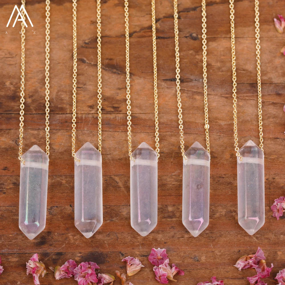 Healing Crystal Quartz Double Point Terminated Pendant Necklace For Women Citrines Amethysts Quartz Boho Necklace Gift For Her